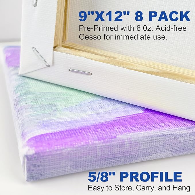 Stretched Canvases for Painting, 8 Packs 9X12 Inch Canvases for Acrylics,Oils & Other Painting Media, 5/8 Inch Profile 100% Cotton Primed Artist Framed Canvas
