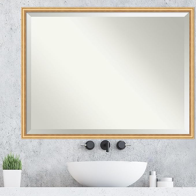 Amanti Art Gold Wall Mirror 32x42 Salon Scoop Gold Rectangle Bathroom Mirror for Wall Decor Living Room, X-Large Casual Wood Frame, Hangs Horizonally and Vertically, Bathroom Decor, Beveled Edge