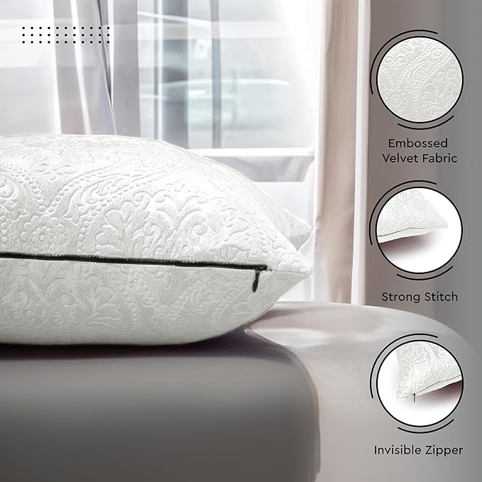 Encasa XO Luxury Embossed Velvet Throw Pillow Covers - Plush Cushion Covers for Elegant Living Rooms & Bedrooms, Machine Washable, 20"x20" White | Set of 2 | Covers Only No Insert