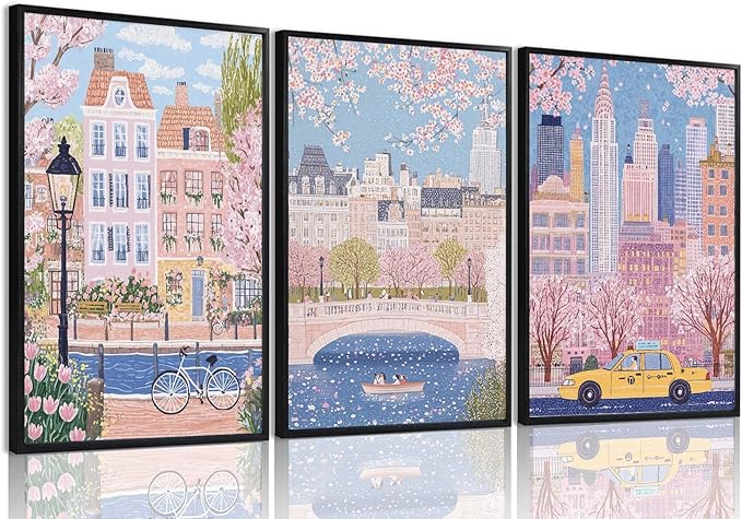 XLARTMY Watercolor City Landscape Travel Wall Art Canvas Framed Pink Cherry Flower Poster Girly Prints Painting Pictures Set of 3 for Bedroom Living Room Office 16x24in Unframed