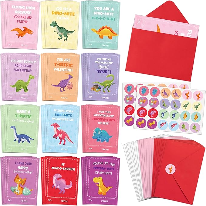 TICIAGA 48 Set Valentine's Day Dinosaurs Greeting Cards with Envelop Cartoon Dino Fill in Blank Sticker for Kids T-Riffic Notecard Exchange Gifts for Boys and Girls School Classroom Party Favors