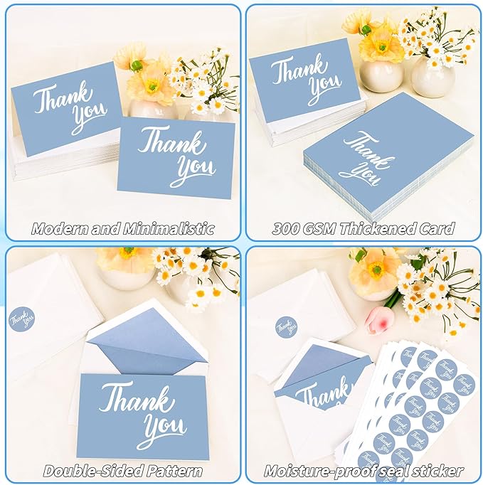 600 Pcs Blue Thank You Cards Bulk with White Envelopes and Stickers 4x6 Inch Blank Thank You Notes Box Set Minimalistic Design for Business Wedding Baby Shower Graduation Bridal Shower Funeral