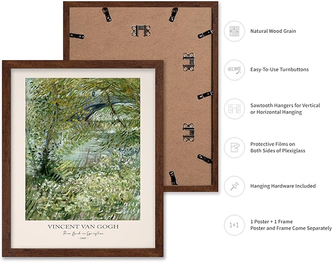 Monem Art Vintage Van Gogh Poster - Retro Impressionist Print - River Bank in Springtime, Flowers, Landscape - Gift for Artist, Friend - Wall Decor for Home, Office, 16x20 Brown Framed