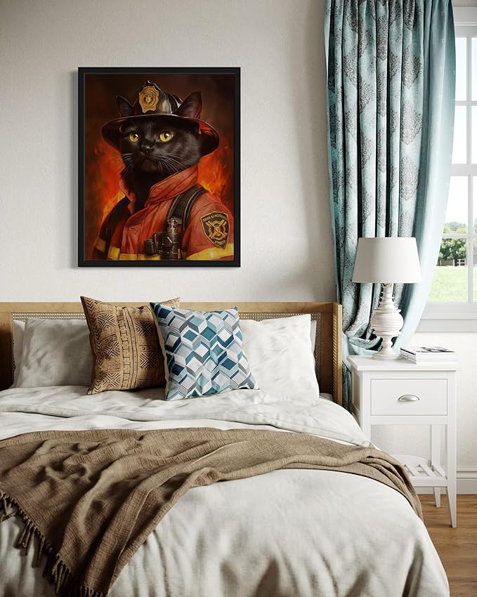 Firefighter Portrait Art Poster Print, Cat Kitten Painting Humor Portrait Pet Artwork Decor Gallery A8 (Firefighter, 8 x 10 inches, Black Frame)