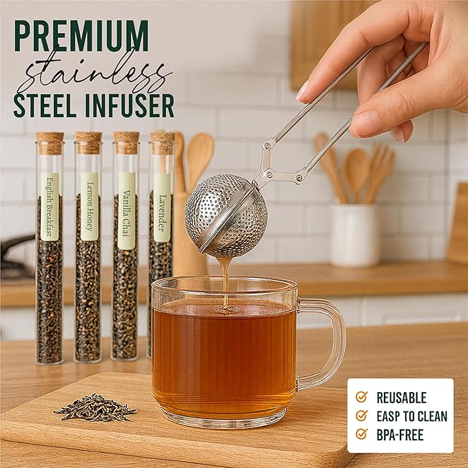 Loose Leaf Tea Sampler Gift Set Box – 8 Unique Flavors with Stainless Steel Infuser | Vanilla Chai, Jasmine, Lemon Honey & More | Tea Gift Set for Women and Men - Set of 9