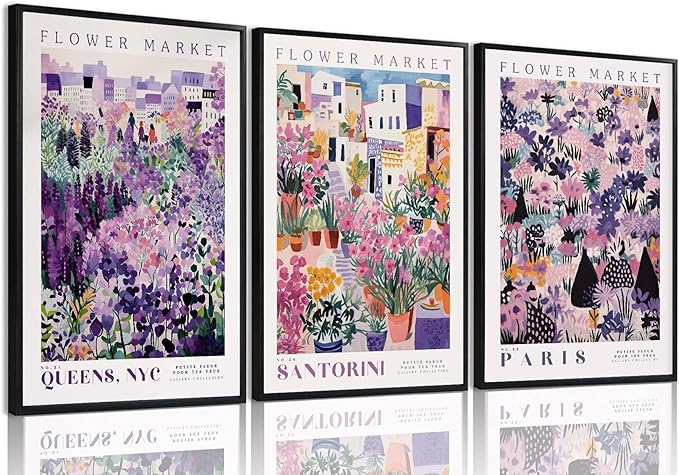 XLARTMY Flower Market Wall Art Prints Canvas Purple and Pink Floral Paintings Colorful Botanical Travel Flower Posters for Home Decor Pictures Set of 3 for Living Room Bedroom 16x24in Unframed