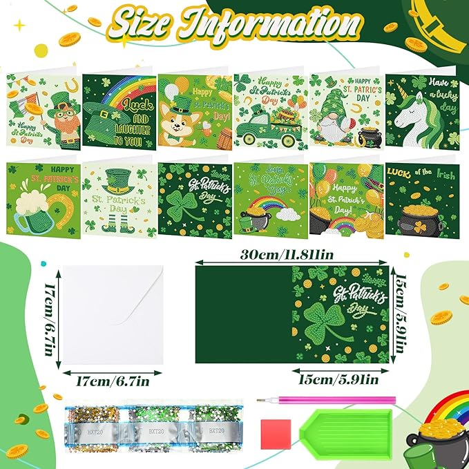 Saillong 12 Pack St Patrick's Day Diamond Painting Greeting Card Kits Green Shamrock Diamond Art Cards with Envelopes 5D Rhinestones Painting Making Kit for Adults DIY Craft Family Friend Holiday Gift