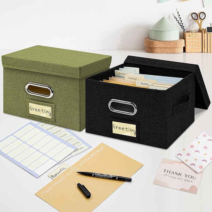 Greeting Card Organizer and Storage Box with 20 Pcs Adjustable Dividers, Storing Cards with 84 Pcs Labels Perfect for Storing Greeting Cards, Envelopes, Photos 1 Pack Black