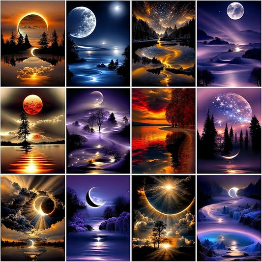 12 Pack Diamond Art Kits for Adults, Moon Landscape 5D Diamond Painting for Adult Beginners,DIY Full Drill Round Gem Painting Dot Art Sets,Home Wall Decor 9.8x13.8 Inch