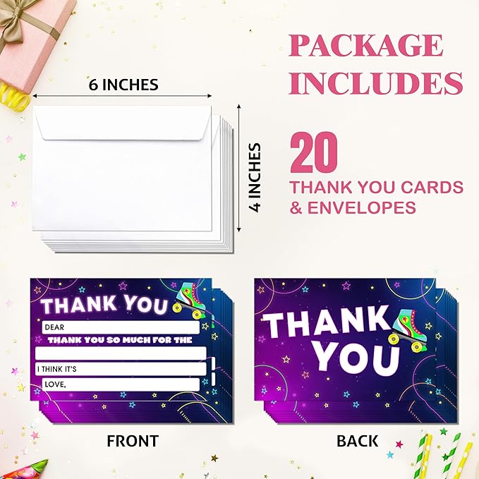Roller Skating Kids Thank You Cards, Ice SkatingThank You Card For Neon Glow Birthday Party, Kids Birthday Cards Fill In The Blank, 20 Pack Greeting Cards With Envelopes For Boys Girls, 006