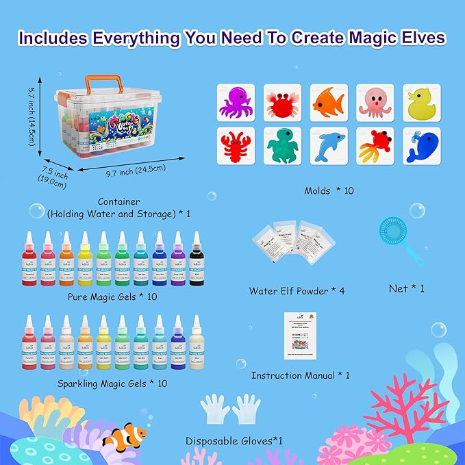 Kiditos Magic Water Elf Toy Kit–Squishies for Kids, 20 Gels & 10 Molds, Magic Gel Water Pets Sensory Toy, Fun DIY Craft Kit, Party Favors, Birthday & Christmas Gifts for Kids Ages 3+