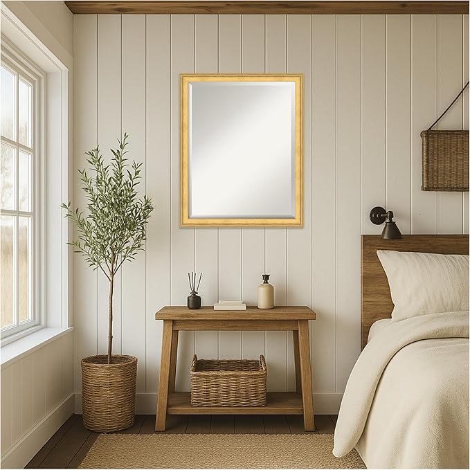 Amanti Art Gold Wall Mirror 25x31 Owen Gold Rectangle Bathroom Mirror for Wall Decor Living Room, Large Traditional Wood Frame, Hangs Horizonally and Vertically, Bathroom Decor, Beveled Edge