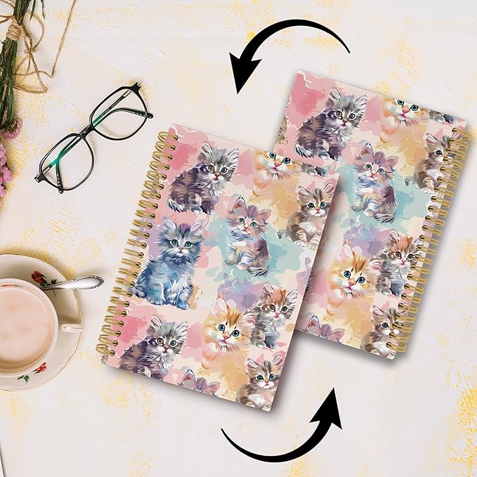 Cute Cat Journal Notebook - Watercolor Cat Themed Notebooks College Ruled for Work School, Gifts for Cat Lovers Kids, Aesthetic Office Supplies, Hardcover Spiral Notebook 5.5"x8.3"