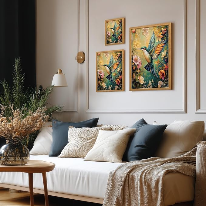 LLEEMPI William Morris Wall Art, Vintage Bird Floral Wall Decor, Hummingbird Flower Canvas Painting, Colorful Nature Botanical Aesthetic Picture for Living Room Bedroom Kid Room Wood Framed 16x24 inch