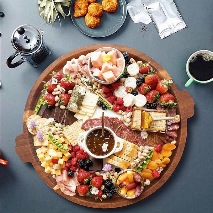 Charcuterie Board | Acacia Wood Serving Tray with Handles 13'' | Round Decorative Ottoman Coffee Table Tray | Large Wooden Cheese Board Serving Platter for Party Supplies