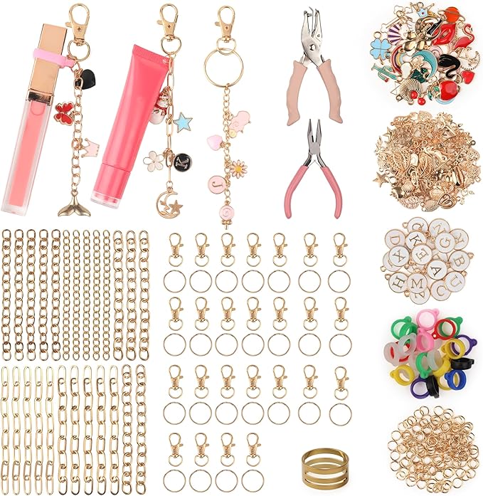 Starry 524 Pcs Keychain Making Kit, Including 25 Extender Chain 25 Keychain Clips 166 Charms Jewelry Plier Making Supplies for DIY Crafting and Jewelry Making