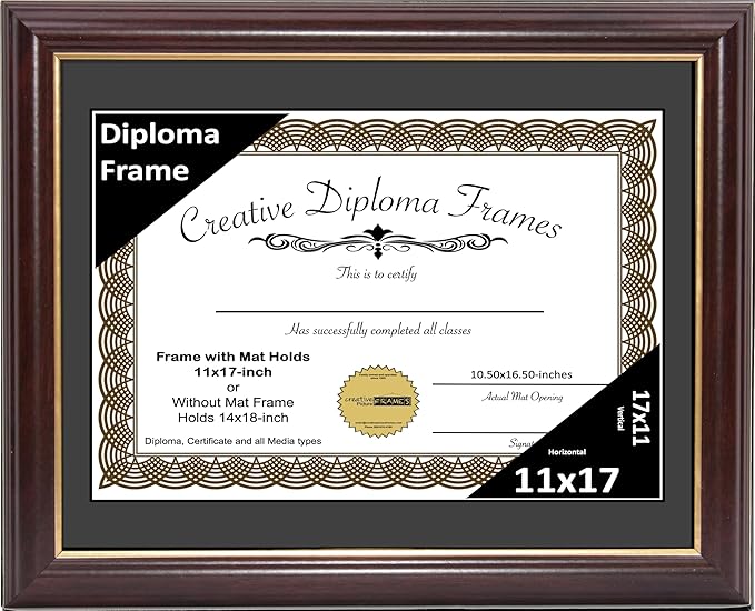 Creative Picture Frames 11x17 Mahogany Gold Rim Diploma Frame with Black Mat Glass and Installed Wall Hangers | Frame Holds 14x18 Media without Mat
