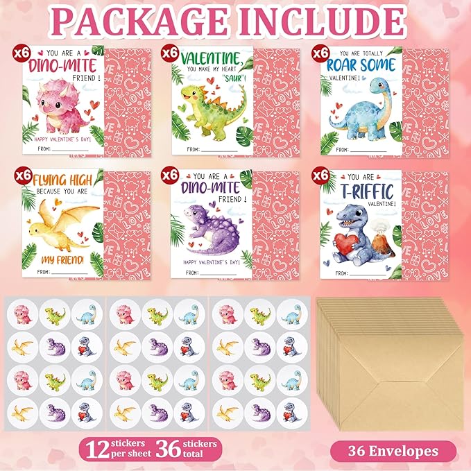 36 Pack Valentines Day Cards for Kids Classroom Dinosaur Valentine's Day Exchange Greeting Cards with Envelopes and Stickers for Kids Classroom School Party Favors 4.72 x 3.54 inch