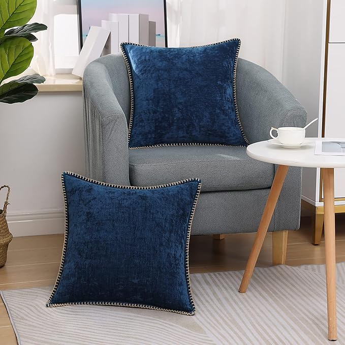 decorUhome Spring Chenille Soft Throw Pillow Covers 18x18 Set of 2, Farmhouse Velvet Neutral Decorative Pillow Covers with Stitched Edge for Couch Sofa Bed Home Decor, Poseidon