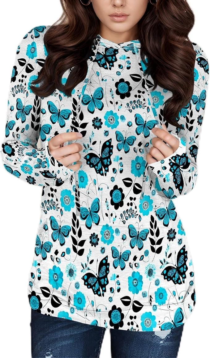 Hooded Sweatshirt Women Fall Butterfly Sweatshirts Lightweight Long Sleeve Pullover Tops Trendy Outfits Plus Size