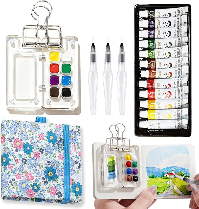 Mini Portable Watercolor Palette Set-Grid Paint Box with Binder Clips Include 12 Colors Paint - Brush*3 and Picture Album Art Materials Coloring Markers (Blue Acrylic-S)