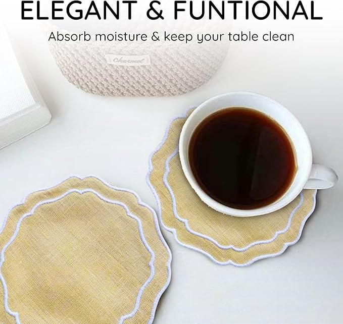 Drink Coasters Set of 6, 6x6 inch, Absorbent Linen Drink Mats with Scalloped Edge, Reusable Handmade Coffee Coasters for Home Decor & Tabletop Protection & Gift Giving (Butter)