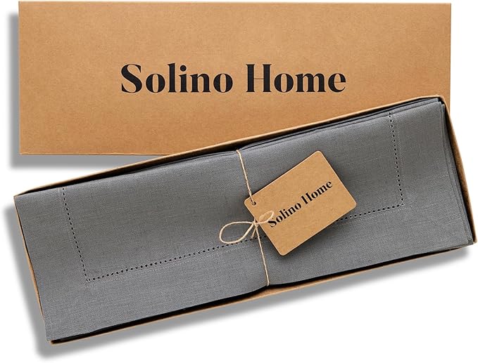 Solino Home Linen Cloth Placemats Set of 4-100% Pure Linen Hemstitch Steel Gray Placemats 14 x 19 Inch - Classic Hemstitch Table Place Mats for Spring