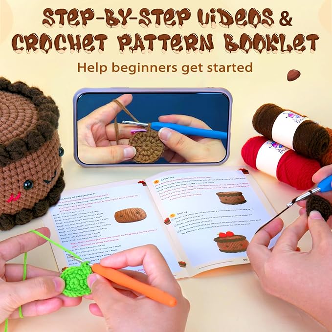 Crochetta Crochet Kit for Beginners, Crochet Starter Kit with Step-by-Step Video Tutorials, Crochet DIY Knitting Supplies for Adults Kids, Chocolate Strawberry Cake(40%+ Yarn)