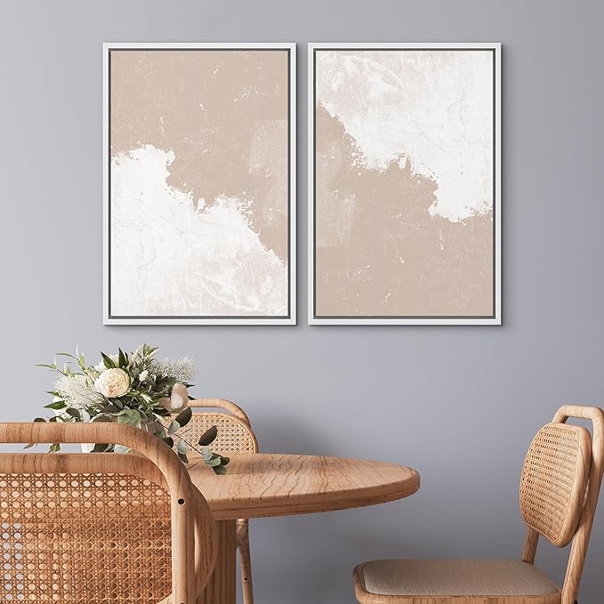 SIGNWIN Framed Canvas Print Wall Art Set Grunge Pastel Paint Stroke Landscape Abstract Shapes Illustrations Modern Art Minimal Decorative Nordic for Living Room, Bedroom, Office - 24"x36"x2 White