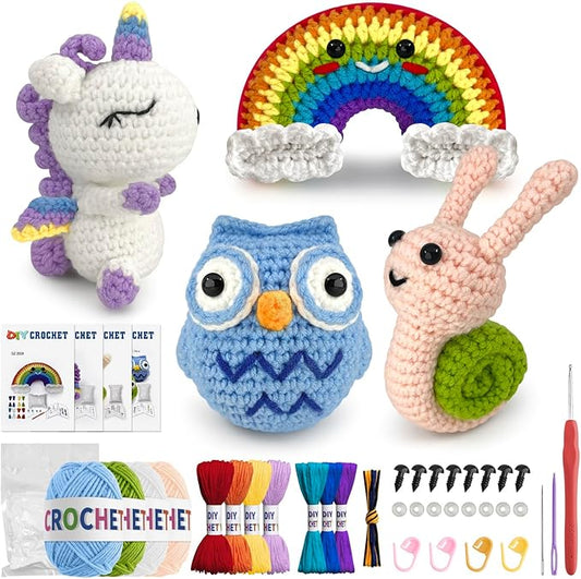 Roomaze Crochet Kit for Beginners,4 Pack Crochet Kits with Step-by-Step Video Tutorials, DIY Crochet Starter Kit for Adults Craft Kits for Adults-Ideal for A Gift (Owl,Unicorn,Snail,Rainbow)