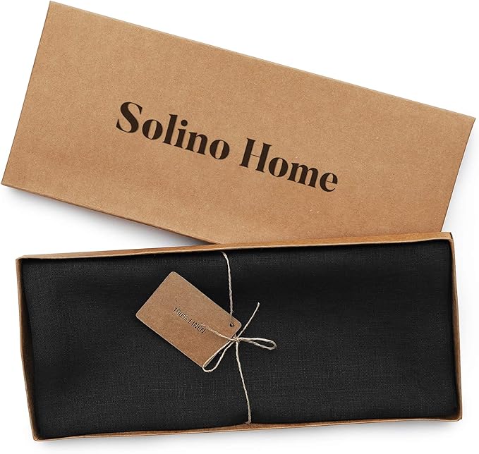 Solino Home Linen Black Table Runner 60 Inches - 100% Pure Linen Short Table Runner 14 x 60 Inch Ideal for Dresser and Coffee Tables - Winter, Easter - Fete