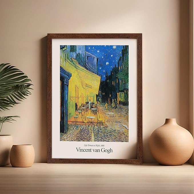 Monem Art Vintage Van Gogh Poster - Retro Impressionist Print - Cafe Terrace at Night, Arles, Stars, Aesthetic - Gift for Artist, Friend - Wall Decor for Home, Office, 16x20 Brown Framed