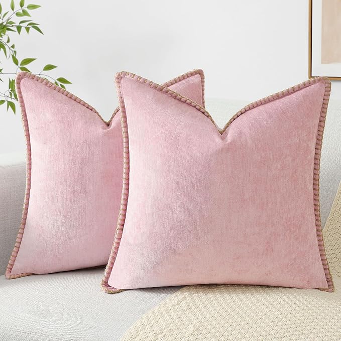 decorUhome Spring Chenille Soft Throw Pillow Covers 22x22 Set of 2, Farmhouse Velvet Neutral Decorative Euro Sham Pillow Covers with Stitched Edge for Couch Sofa Bed Home Decor, Blush Pink
