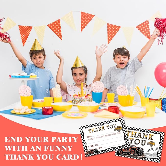 Truck Kids Thank You Cards, Racing Thank You Card For Birthday Party, Kids Birthday Cards Fill In The Blank, 20 Pack Black Greeting Cards With Envelopes For Boys And Girls, 013