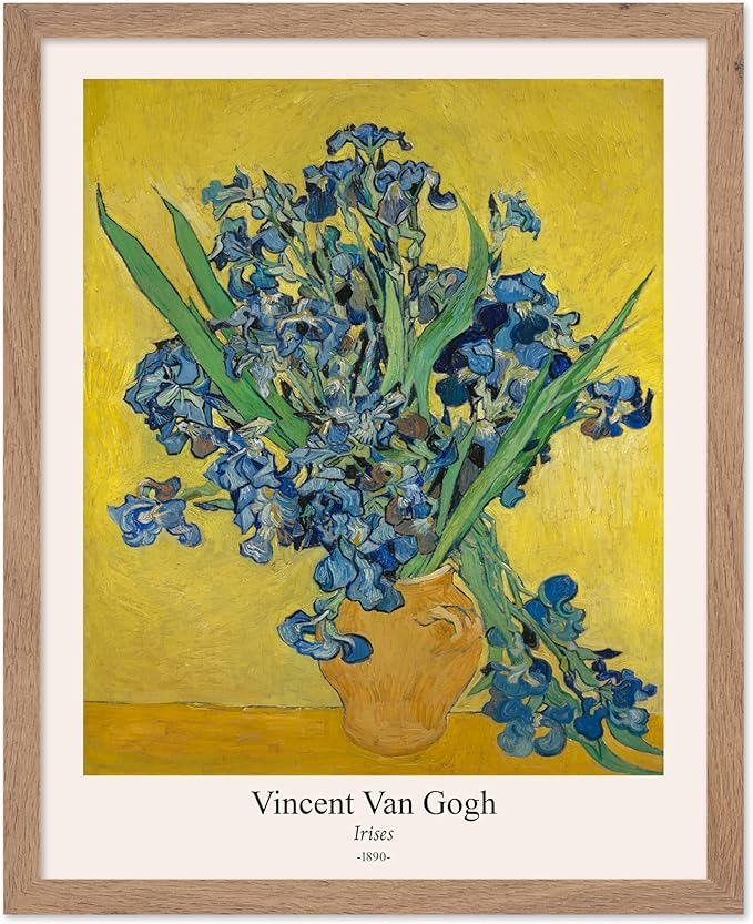 Monem Art Vintage Van Gogh Poster - Retro Irises Print - Flowers in Vase Art - Impressionism Art - Floral Art - Fine Art - Classic Painting Art - Living Room Wall Decor - 11x14 Beige Framed