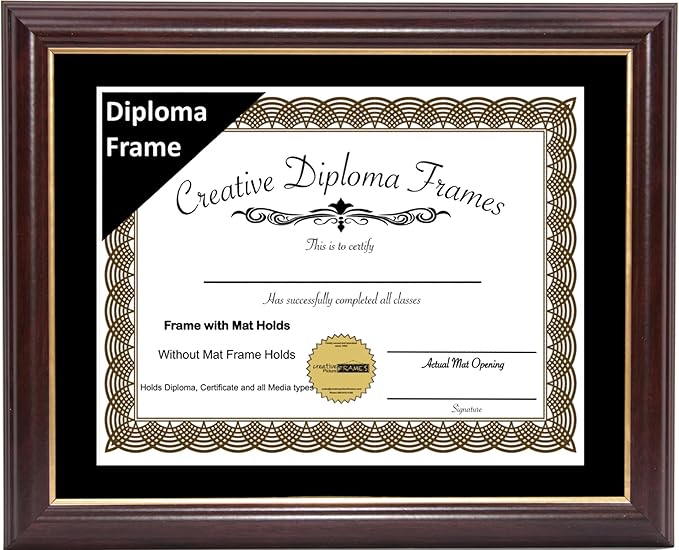 Creative Picture Frames 12"x18" Mahogany Gold Rim Diploma Frame with Black Mat Glass and Installed Wall Hangers | Frame Holds 16 by 20-inch Media without Mat
