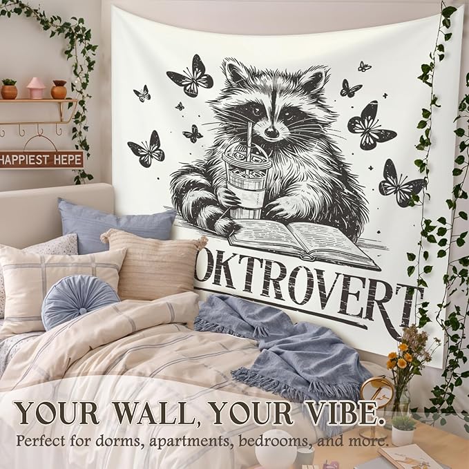 STHTTSW Reading Tapestry, Classroom Booktrovert Raccoon, Bookish Wall Hanging Decor for Dorm Bedroom 50x60 Inch