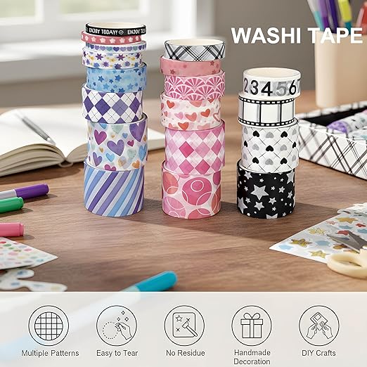Washi Tape Set, 18 Rolls Washi Stickers, Assorted Sizes, for Junk Journal Scrapbook Tape, Bullet Journaling Scrapbooking Supplies, Planner Sticker DIY Craft DéCor (Pattern)
