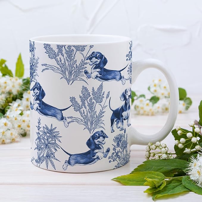Dachshund Blue French Toile Coffee Mug, Dachshund Lover Gifts for Women, Blue Toile Coffee Cup for Weiner Mom, Dog Lovers Tea Coffee Mug Birthday Gifts for Sausage Dog Owners, 15 oz