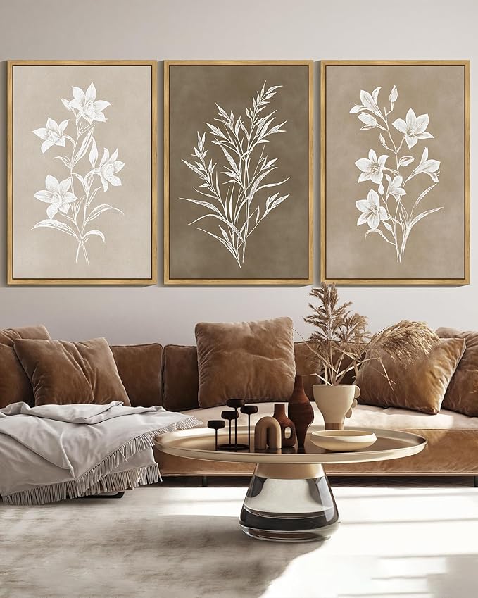 KUVIOKE Vintage Botanical Flower Framed Wall Art Colorful Neutral Boho Floral Wall Decor Botanical Retro Wildflower Modern Art Prints Rustic Home Decor 24x36in (Natural Framed)