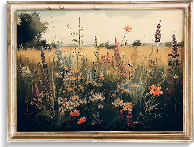 Vintage Wall Art, Classical Wildflower Field Wall Painting Canvas Prints Farmhouse Wall Art French Country Wall Decor Vintage Landscape Art Pictures for Bathroom Kitchen Decor(8" x 10"-UNFRAMED)