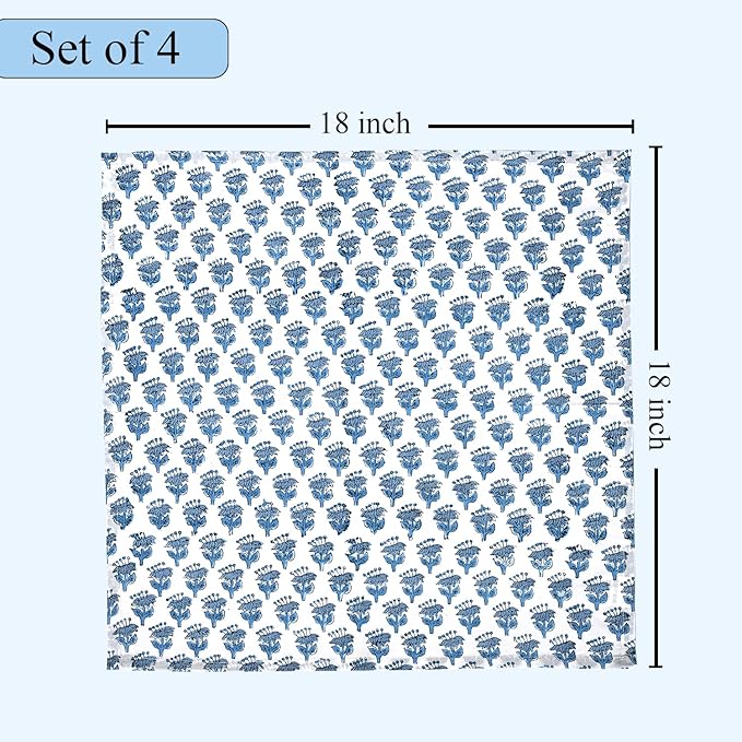 CPC Cloth Napkins 100% Cotton Set of 4 Reusable Napkins, Indian Block Print Toile Floral Dinner Napkin, Fall Thanksgiving Christmas Holiday Party Gift - Soft Absorbent Napkin, 18"x18" Apatite Blue
