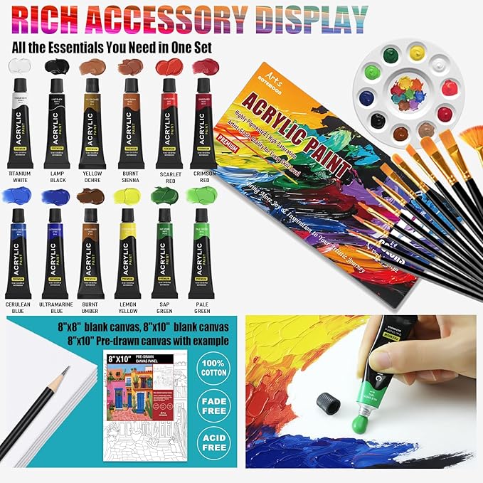 4 Pack Painting Set for Adults or Family Groups, 124 PCS Paint Sets with 4 Table Easels,48 Acrylic Paints,12 Pre-Drawn & Blank Canvases for Painting,48 Brushes,4 Pencils,4 Palettes and Painting Guides
