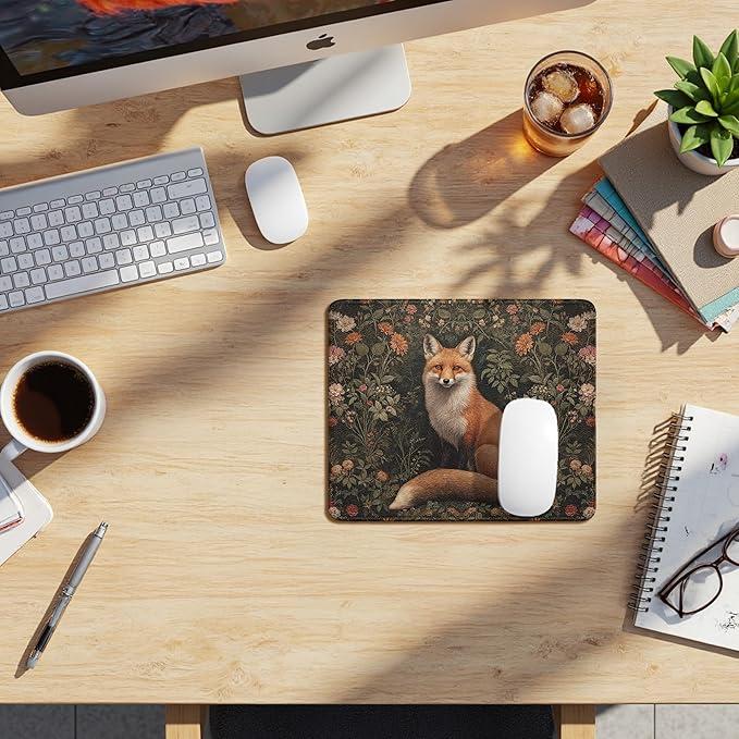 Vintage Moody Floral Fox Mouse Pad, Fox Lover Gifts, Dark Cottagecore Botanical Forest Animal Mouse Pads Mousepad for Home Office Dorm Computers Laptop Supplies Desk Accessories, 9.5x7.9 Inch