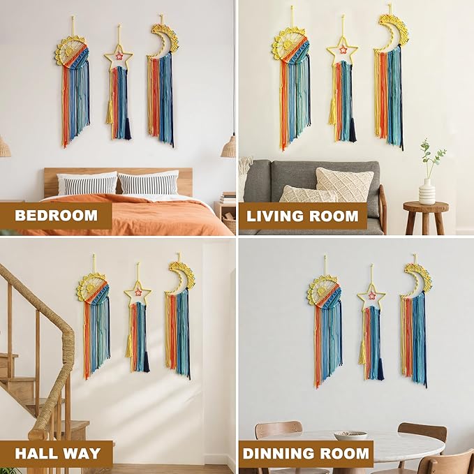 3 Pack Macrame Hanging Tapestry Wall Art Set Boho Woven Tapestries Sun Moon Star Large Dream Catcher Coloful Wall Decor Bedroom Aesthetic Living Room Decor