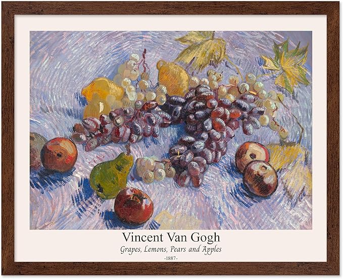 Monem Art Vintage Van Gogh Poster - Retro Grapes Lemons Pears and Apples Print - Impressionism Art - Fruit Art - Fine Art - Classic Painting Art - Great Kitchen Decor - 16x20 Brown Framed