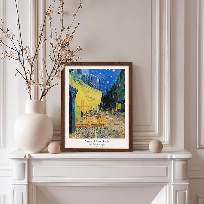 Monem Art Vintage Van Gogh Poster - Retro Cafe Terrace at Night Print - Impressionism Art - Fine Art - Classic Painting Art - Aesthetic Living Room or Bedroom Wall Decor - 8x10 Brown Framed