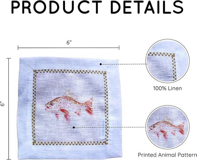 Cocktail Napkins Set of 6, 6x6 inch, 100% Linen, Printed Animal Pattern, Reusable & Washable Cloth Coasters for Beverages, Hosting, Gifting & Everyday Use (Pink Fish)