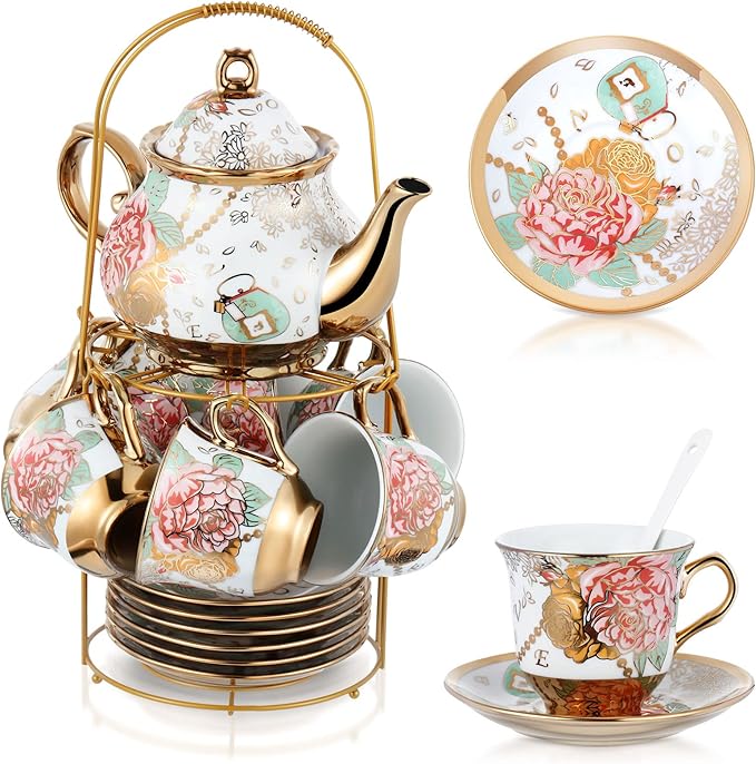 Zhehao 20 Pcs Porcelain Tea Set with Metal Holder and Spoon Adult Ceramic Tea Set European Flower Painting Teapot Cup Saucer Spoon for Women, Large Version(Bright Style)