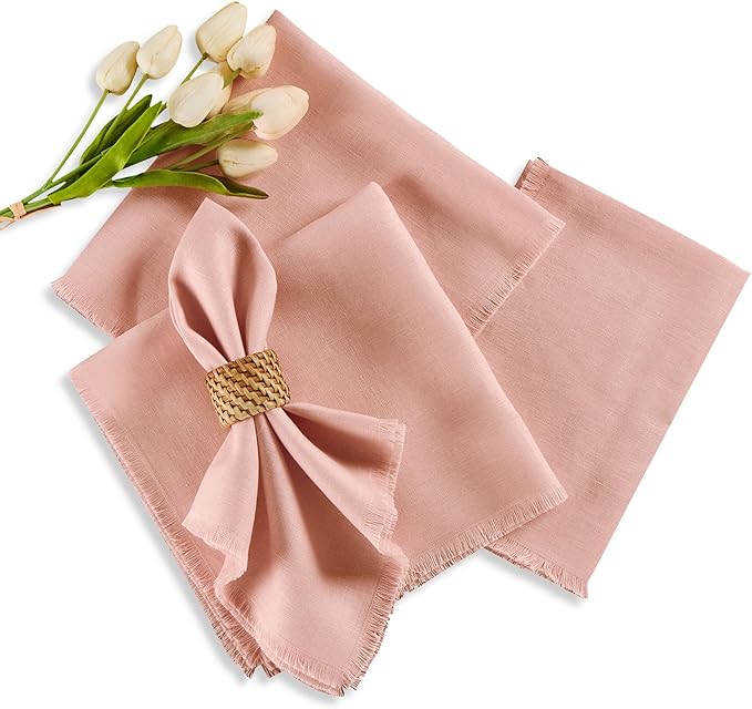 Solino Home Fringe Linen Cloth Napkins Set of 4-100% Pure Linen Misty Pink Dinner Napkins 20 x 20 Inch for Valentines, Spring, Easter - Handcrafted and Machine Washable